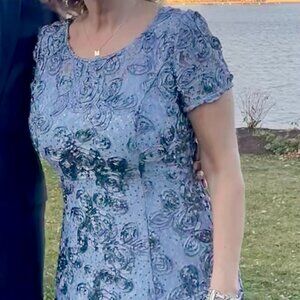 Alexa Evening Long Soutache A-Line Dress with Short Sleeves Illusion Neckline